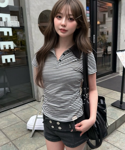 RAY CASSIN(レイカズン)の「マルチボーダー胸刺繍半袖ポロ(Tシャツ/カットソー・レディース・グレー系その他2/ブラック系その他2/ホワイト系その他2/ブラウン系その他2・FREE)」の3枚目の写真