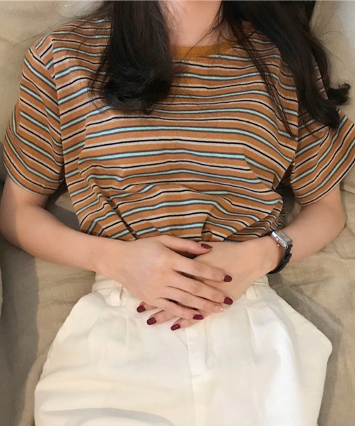 SallyLunn（サリーラン）の「マルチボーダーＴシャツ（Tシャツ/カットソー・レディース・ブラウン/レッド/グリーン・MEDIUM/LARGE）」の4枚目の写真