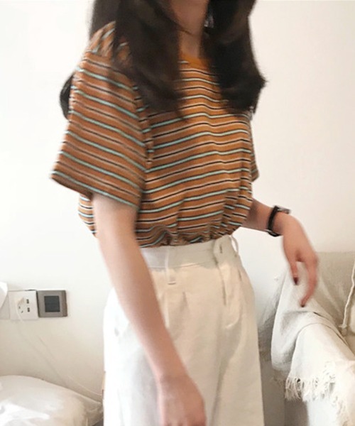 SallyLunn（サリーラン）の「マルチボーダーＴシャツ（Tシャツ/カットソー・レディース・ブラウン/レッド/グリーン・MEDIUM/LARGE）」の6枚目の写真