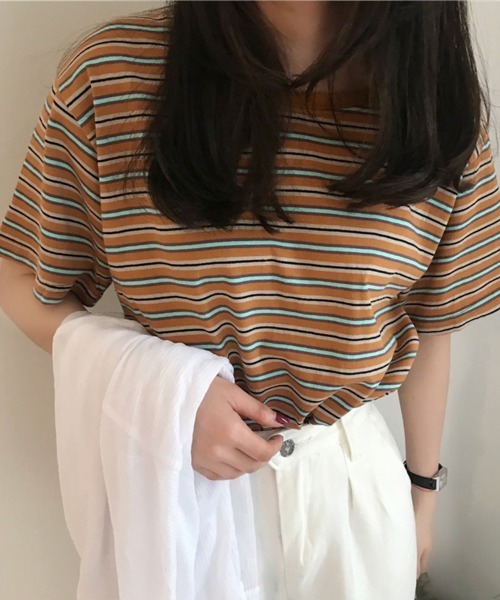 SallyLunn（サリーラン）の「マルチボーダーＴシャツ（Tシャツ/カットソー・レディース・ブラウン/レッド/グリーン・MEDIUM/LARGE）」の7枚目の写真