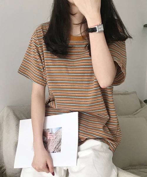 SallyLunn（サリーラン）の「マルチボーダーＴシャツ（Tシャツ/カットソー・レディース・ブラウン/レッド/グリーン・MEDIUM/LARGE）」の8枚目の写真