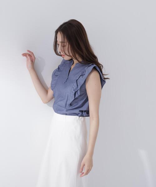 NATURAL BEAUTY BASIC(ナチュラルビューティーベーシック)の「ラッフルフレンチスリーブブラウス(シャツ/ブラウス・レディース・イエロー/ネイビー/ブルー・フリ-)」の9枚目の写真