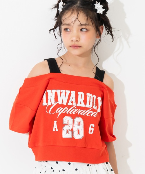 ANAP GiRL(アナップガール)の「カスレロゴ オフショル クロップド トップス Tシャツ(Tシャツ/カットソー・キッズ・ブラック/ライトグレー/レッド・XS/S/M)」の3枚目の写真