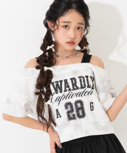 ANAP GiRL(アナップガール)の「カスレロゴ オフショル クロップド トップス Tシャツ(Tシャツ/カットソー・キッズ・ブラック/ライトグレー/レッド・XS/S/M)」の2枚目の写真