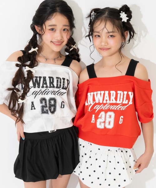 ANAP GiRL(アナップガール)の「カスレロゴ オフショル クロップド トップス Tシャツ(Tシャツ/カットソー・キッズ・ブラック/ライトグレー/レッド・XS/S/M)」の4枚目の写真