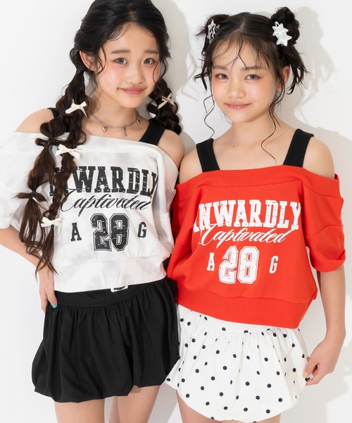 ANAP GiRL(アナップガール)の「カスレロゴ オフショル クロップド トップス Tシャツ(Tシャツ/カットソー・キッズ・ブラック/ライトグレー/レッド・XS/S/M)」の6枚目の写真