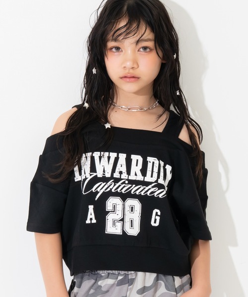 ANAP GiRL(アナップガール)の「カスレロゴ オフショル クロップド トップス Tシャツ(Tシャツ/カットソー・キッズ・ブラック/ライトグレー/レッド・XS/S/M)」の9枚目の写真