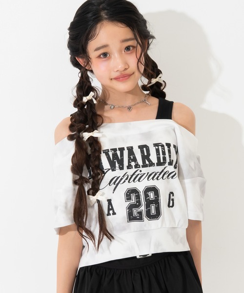 ANAP GiRL(アナップガール)の「カスレロゴ オフショル クロップド トップス Tシャツ(Tシャツ/カットソー・キッズ・ブラック/ライトグレー/レッド・XS/S/M)」の14枚目の写真