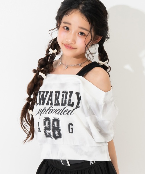 ANAP GiRL(アナップガール)の「カスレロゴ オフショル クロップド トップス Tシャツ(Tシャツ/カットソー・キッズ・ブラック/ライトグレー/レッド・XS/S/M)」の15枚目の写真