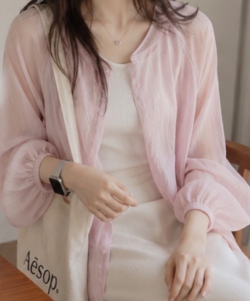 Teem Store(チームストア)の「クルーネックシアーシャツカーディガン(シャツ/ブラウス・レディース・ホワイト/パープル/イエロー/サックスブルー・F)」の1枚目の写真