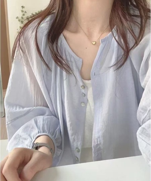 Teem Store(チームストア)の「クルーネックシアーシャツカーディガン(シャツ/ブラウス・レディース・ホワイト/パープル/イエロー/サックスブルー・F)」の18枚目の写真