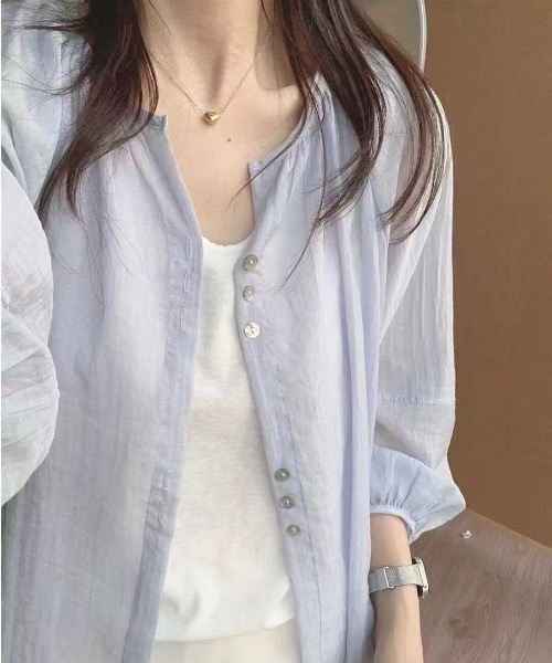 Teem Store(チームストア)の「クルーネックシアーシャツカーディガン(シャツ/ブラウス・レディース・ホワイト/パープル/イエロー/サックスブルー・F)」の19枚目の写真