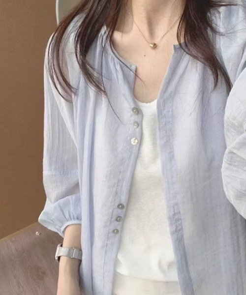 Teem Store(チームストア)の「クルーネックシアーシャツカーディガン(シャツ/ブラウス・レディース・ホワイト/パープル/イエロー/サックスブルー・F)」の20枚目の写真