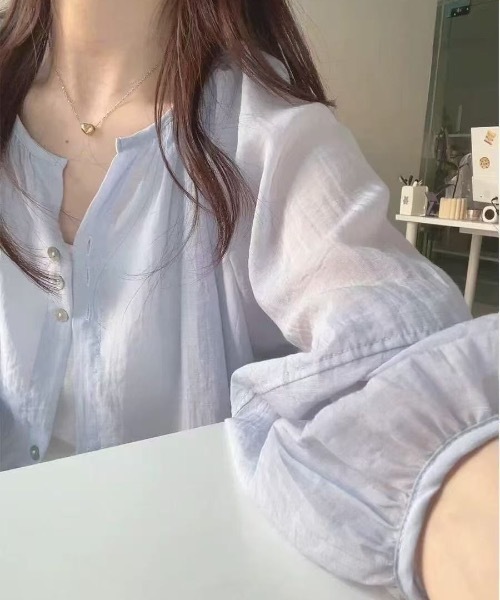 Teem Store(チームストア)の「クルーネックシアーシャツカーディガン(シャツ/ブラウス・レディース・ホワイト/パープル/イエロー/サックスブルー・F)」の21枚目の写真