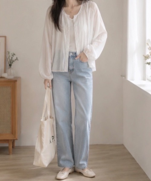 Teem Store(チームストア)の「クルーネックシアーシャツカーディガン(シャツ/ブラウス・レディース・ホワイト/パープル/イエロー/サックスブルー・F)」の15枚目の写真