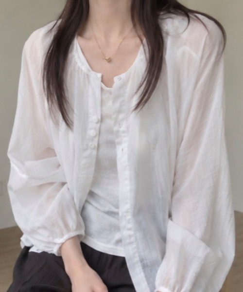 Teem Store(チームストア)の「クルーネックシアーシャツカーディガン(シャツ/ブラウス・レディース・ホワイト/パープル/イエロー/サックスブルー・F)」の10枚目の写真