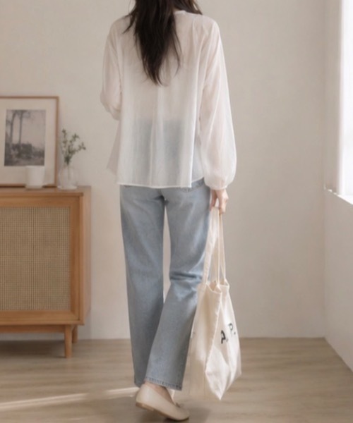 Teem Store(チームストア)の「クルーネックシアーシャツカーディガン(シャツ/ブラウス・レディース・ホワイト/パープル/イエロー/サックスブルー・F)」の17枚目の写真