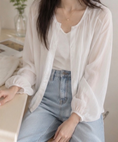 Teem Store(チームストア)の「クルーネックシアーシャツカーディガン(シャツ/ブラウス・レディース・ホワイト/パープル/イエロー/サックスブルー・F)」の11枚目の写真