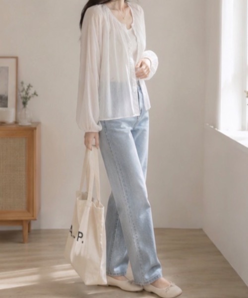 Teem Store(チームストア)の「クルーネックシアーシャツカーディガン(シャツ/ブラウス・レディース・ホワイト/パープル/イエロー/サックスブルー・F)」の16枚目の写真