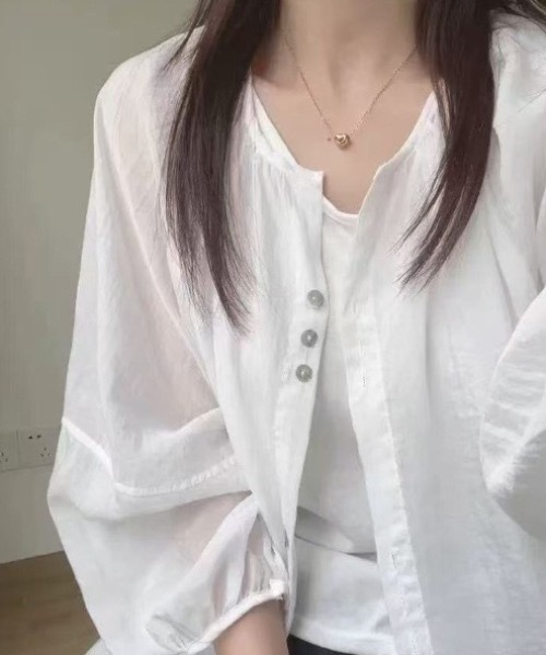 Teem Store(チームストア)の「クルーネックシアーシャツカーディガン(シャツ/ブラウス・レディース・ホワイト/パープル/イエロー/サックスブルー・F)」の12枚目の写真