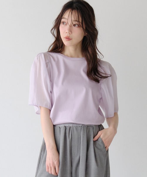Nunc.(ヌンク)の「パフスリーブシアー切替プルオーバー(Tシャツ/カットソー・レディース・ネイビー/ラベンダー/オフホワイト・FREE)」の1枚目の写真