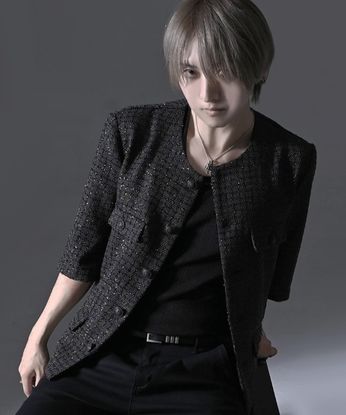 RUDOL(ルドル)の「『RUDOL/ルドル』ラメツイード5分袖ノーカラージャケット(ノーカラージャケット・メンズ・ブラック/グレー/ホワイト・L/M)」の8枚目の写真