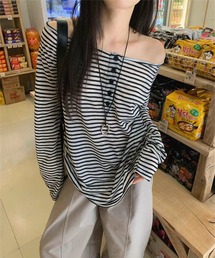 【春夏新作】ヘンリーネックボーダー柄ゆったりシアートップス/Tシャツ