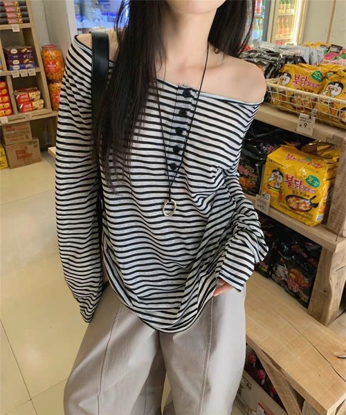 MAISON DE THERESE(メゾン ド テレーズ)の「【春夏新作】ヘンリーネックボーダー柄ゆったりシアートップス/Tシャツ(Tシャツ/カットソー・レディース・Black/PINK・M/L)」の1枚目の写真