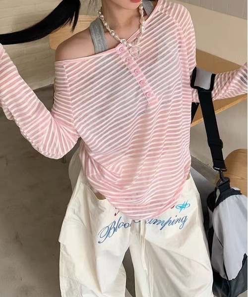 MAISON DE THERESE(メゾン ド テレーズ)の「【春夏新作】ヘンリーネックボーダー柄ゆったりシアートップス/Tシャツ(Tシャツ/カットソー・レディース・Black/PINK・M/L)」の2枚目の写真