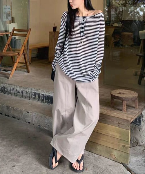MAISON DE THERESE(メゾン ド テレーズ)の「【春夏新作】ヘンリーネックボーダー柄ゆったりシアートップス/Tシャツ(Tシャツ/カットソー・レディース・Black/PINK・M/L)」の3枚目の写真