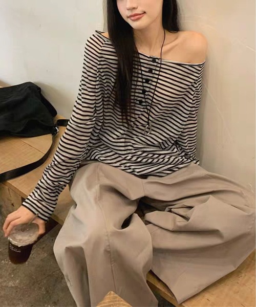 MAISON DE THERESE(メゾン ド テレーズ)の「【春夏新作】ヘンリーネックボーダー柄ゆったりシアートップス/Tシャツ(Tシャツ/カットソー・レディース・Black/PINK・M/L)」の18枚目の写真