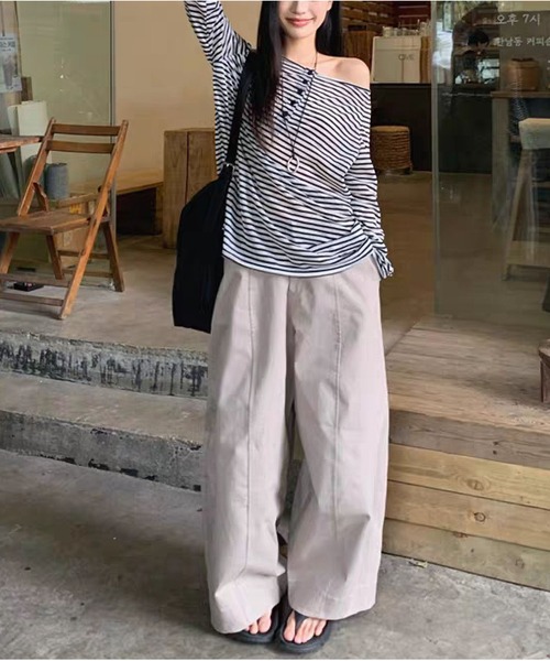 MAISON DE THERESE(メゾン ド テレーズ)の「【春夏新作】ヘンリーネックボーダー柄ゆったりシアートップス/Tシャツ(Tシャツ/カットソー・レディース・Black/PINK・M/L)」の4枚目の写真