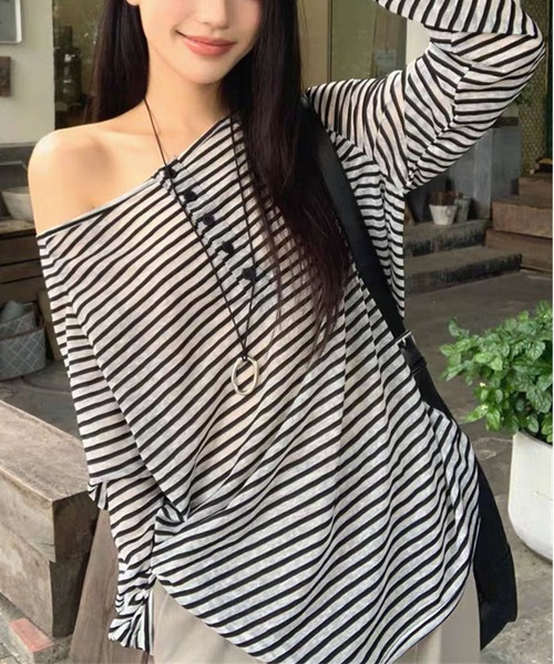 MAISON DE THERESE(メゾン ド テレーズ)の「【春夏新作】ヘンリーネックボーダー柄ゆったりシアートップス/Tシャツ(Tシャツ/カットソー・レディース・Black/PINK・M/L)」の20枚目の写真