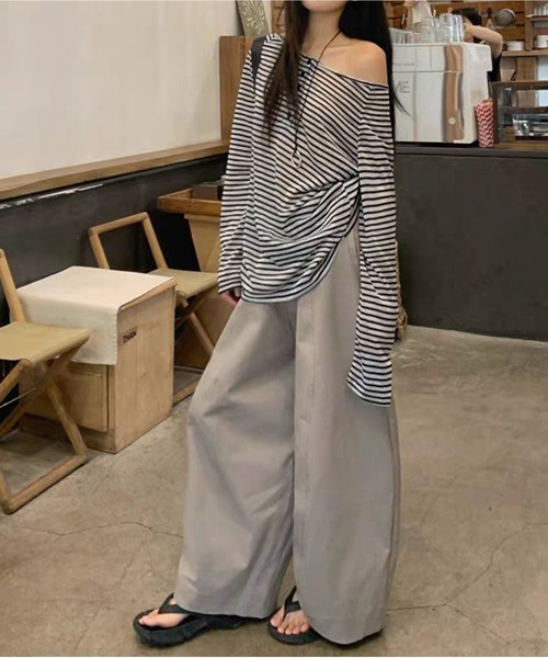 MAISON DE THERESE(メゾン ド テレーズ)の「【春夏新作】ヘンリーネックボーダー柄ゆったりシアートップス/Tシャツ(Tシャツ/カットソー・レディース・Black/PINK・M/L)」の9枚目の写真