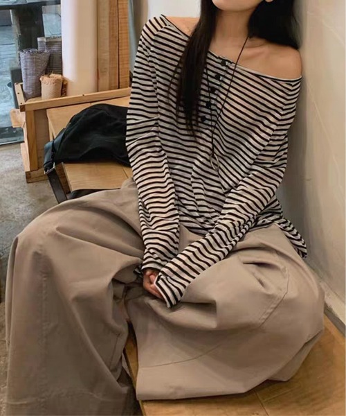 MAISON DE THERESE(メゾン ド テレーズ)の「【春夏新作】ヘンリーネックボーダー柄ゆったりシアートップス/Tシャツ(Tシャツ/カットソー・レディース・Black/PINK・M/L)」の19枚目の写真