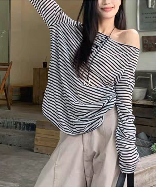 MAISON DE THERESE(メゾン ド テレーズ)の「【春夏新作】ヘンリーネックボーダー柄ゆったりシアートップス/Tシャツ(Tシャツ/カットソー・レディース・Black/PINK・M/L)」の22枚目の写真