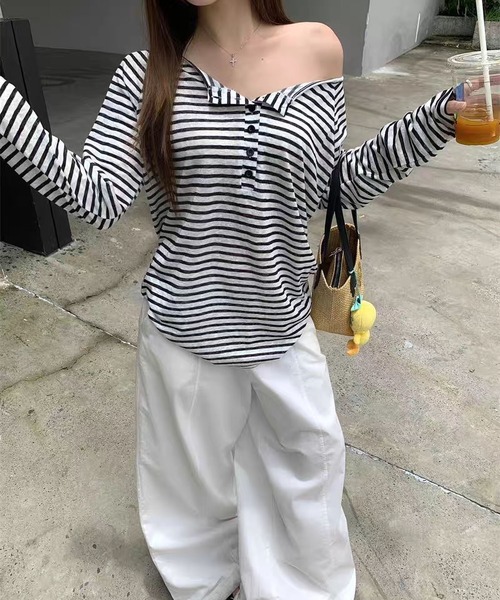 MAISON DE THERESE(メゾン ド テレーズ)の「【春夏新作】ヘンリーネックボーダー柄ゆったりシアートップス/Tシャツ(Tシャツ/カットソー・レディース・Black/PINK・M/L)」の12枚目の写真