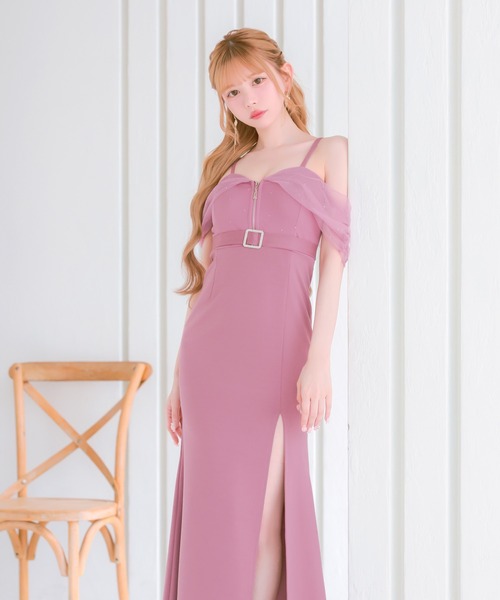 Tika(ティカ)の「キャバドレス ロング フレア スリット オフショル キャミ フロントジップ ウエストベルト ビジュー セクシードレス(ドレス・レディース・ブルー/ピンク・L/M/XXL/XXXL/S/XL)」の6枚目の写真
