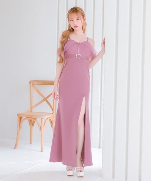 Tika(ティカ)の「キャバドレス ロング フレア スリット オフショル キャミ フロントジップ ウエストベルト ビジュー セクシードレス(ドレス・レディース・ブルー/ピンク・L/M/XXL/XXXL/S/XL)」の7枚目の写真