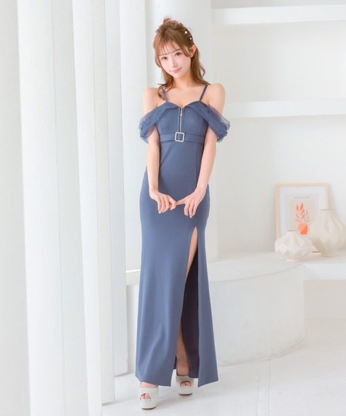 Tika(ティカ)の「キャバドレス ロング フレア スリット オフショル キャミ フロントジップ ウエストベルト ビジュー セクシードレス(ドレス・レディース・ブルー/ピンク・L/M/XXL/XXXL/S/XL)」の14枚目の写真