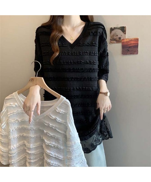 witch(ウイッチ)の「ボーダー状にフリルVネックレースプルオーバー(Tシャツ/カットソー・レディース・ブラック/ホワイト・FREE)」の18枚目の写真