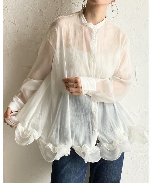 She's Closet(シーズクローゼット)の「オーガンジー長袖裾フリルヘムチュニックシアーブラウス(シャツ/ブラウス・レディース・ブラック/アイボリー/ブルー・FREE)」の1枚目の写真