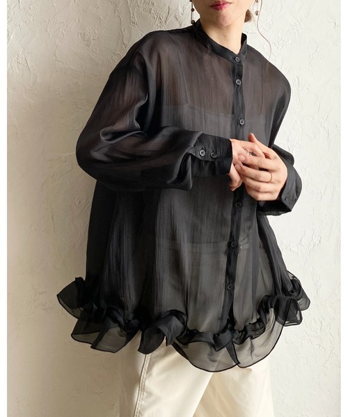 She's Closet(シーズクローゼット)の「オーガンジー長袖裾フリルヘムチュニックシアーブラウス(シャツ/ブラウス・レディース・ブラック/アイボリー/ブルー・FREE)」の2枚目の写真