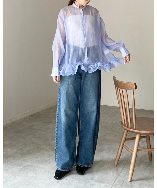She's Closet(シーズクローゼット)の「オーガンジー長袖裾フリルヘムチュニックシアーブラウス(シャツ/ブラウス・レディース・ブラック/アイボリー/ブルー・FREE)」の13枚目の写真
