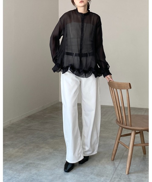 She's Closet(シーズクローゼット)の「オーガンジー長袖裾フリルヘムチュニックシアーブラウス(シャツ/ブラウス・レディース・ブラック/アイボリー/ブルー・FREE)」の5枚目の写真