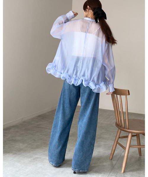 She's Closet(シーズクローゼット)の「オーガンジー長袖裾フリルヘムチュニックシアーブラウス(シャツ/ブラウス・レディース・ブラック/アイボリー/ブルー・FREE)」の12枚目の写真