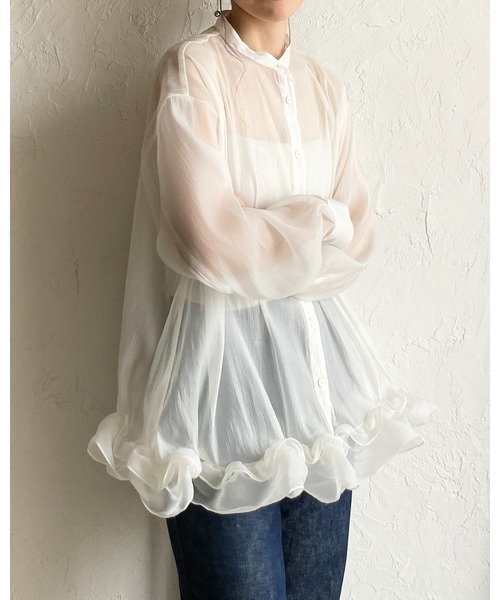 She's Closet(シーズクローゼット)の「オーガンジー長袖裾フリルヘムチュニックシアーブラウス(シャツ/ブラウス・レディース・ブラック/アイボリー/ブルー・FREE)」の14枚目の写真