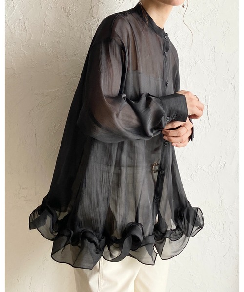 She's Closet(シーズクローゼット)の「オーガンジー長袖裾フリルヘムチュニックシアーブラウス(シャツ/ブラウス・レディース・ブラック/アイボリー/ブルー・FREE)」の19枚目の写真