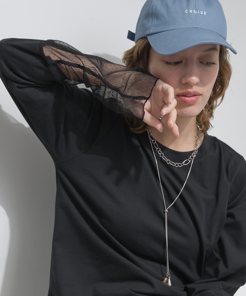 le colis(ルコリ)の「天竺 × ストレッチレース・ドットチュール シアー袖切替えプルオーバー(Tシャツ/カットソー・レディース・チャコールグレー/ホワイト/ブラック・FREE)」の3枚目の写真