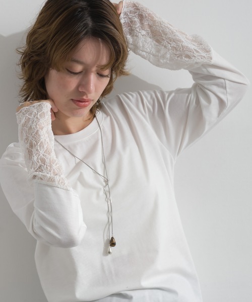 le colis(ルコリ)の「天竺 × ストレッチレース・ドットチュール シアー袖切替えプルオーバー(Tシャツ/カットソー・レディース・チャコールグレー/ホワイト/ブラック・FREE)」の15枚目の写真